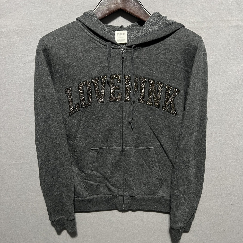 Victoria's Secret PINK Hoodie Womens Large Gray Full Zip LOVE PINK Glitter‎ Logo